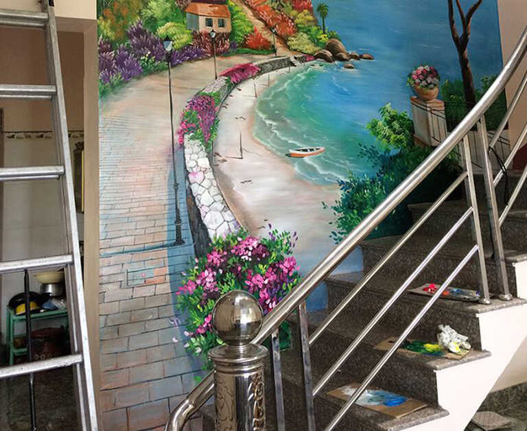 Tranh vẽ tường không gian cầu thang nhà ở